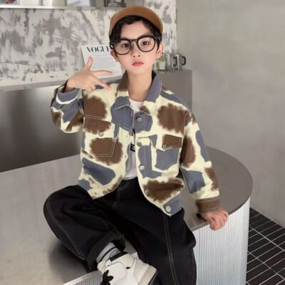 Autumn tie-dye thick fashion kids jean jacket for boys