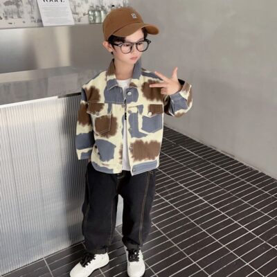 Autumn tie-dye thick fashion kids jean jacket for boys