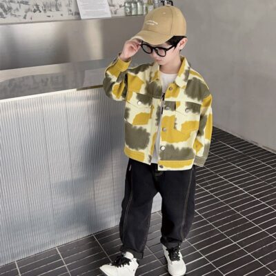 Autumn tie-dye thick fashion kids jean jacket for boys