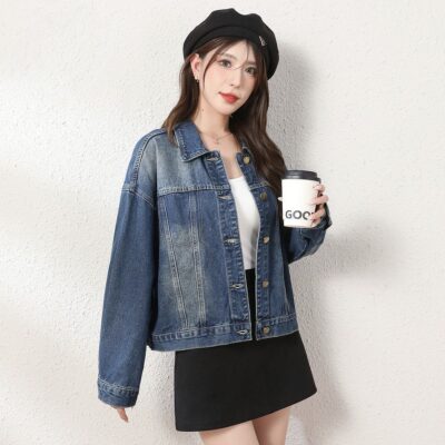 Vintage collar autumn cropped women’s jean jacket