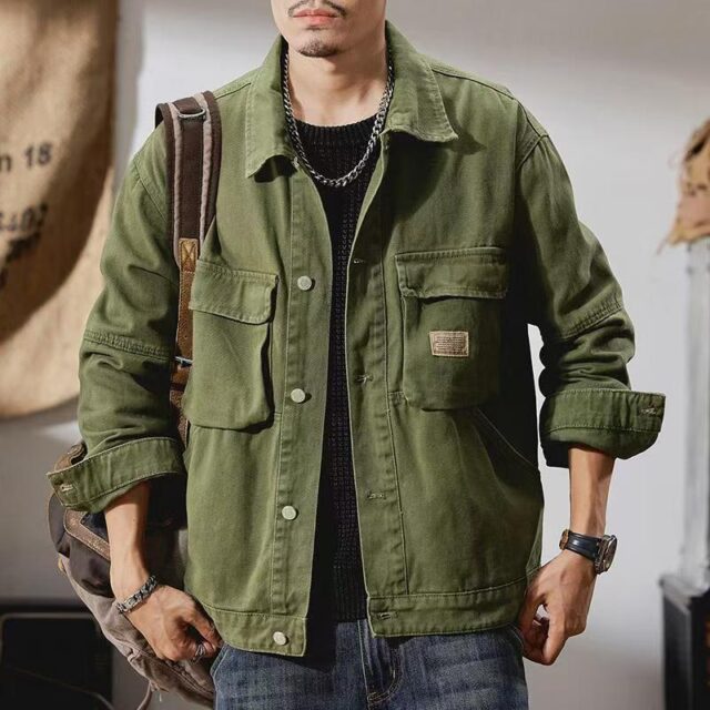 American vintage solid color autumn men’s jean jacket