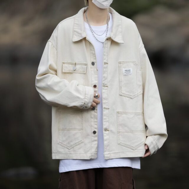 American vintage white loose men’s jean jacket for spring autumn