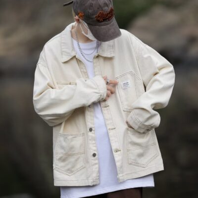 American vintage white loose men’s jean jacket for spring autumn