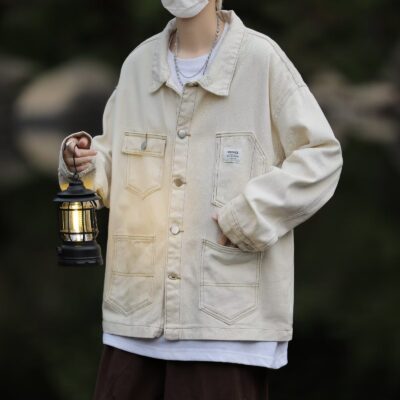 American vintage white loose men’s jean jacket for spring autumn