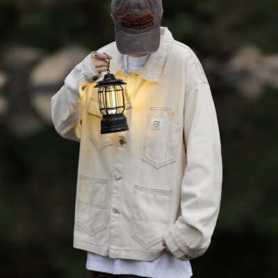 American vintage white loose men’s jean jacket for spring autumn